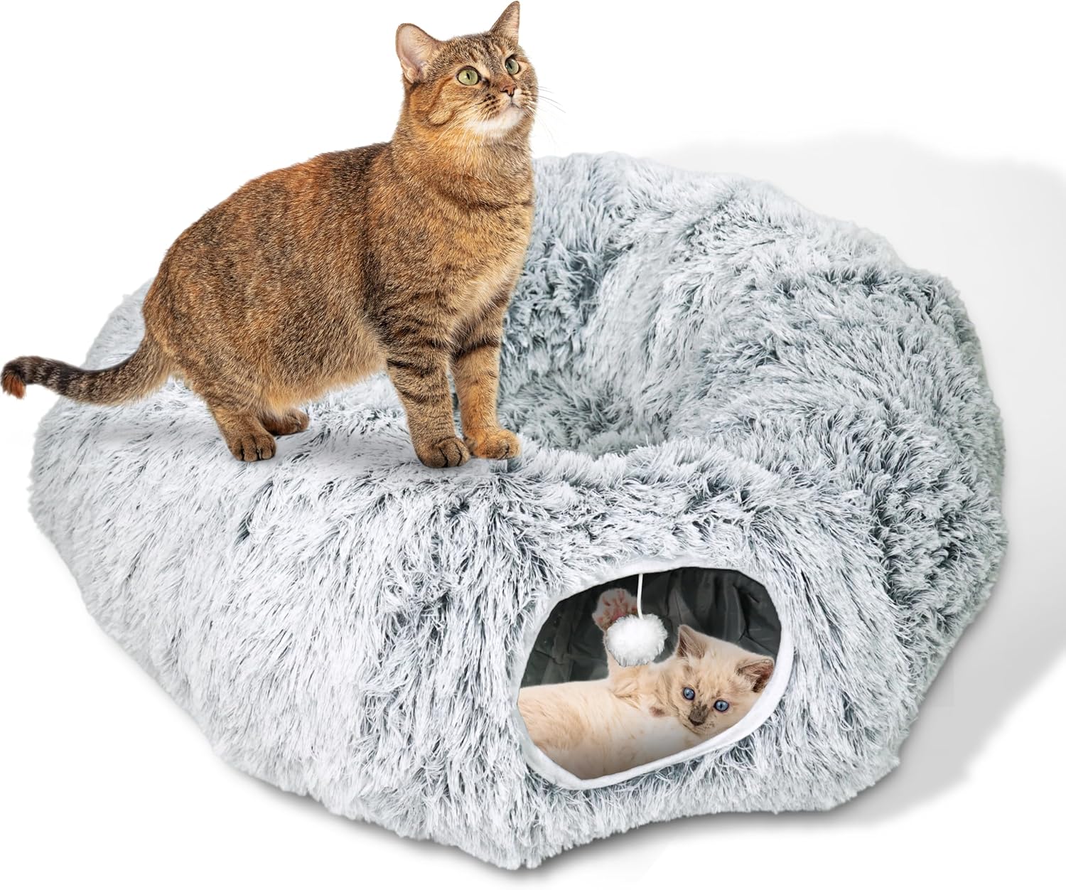Cozy Donut Tunnel Bed for Indoor Cats with Pom Toy in Gray