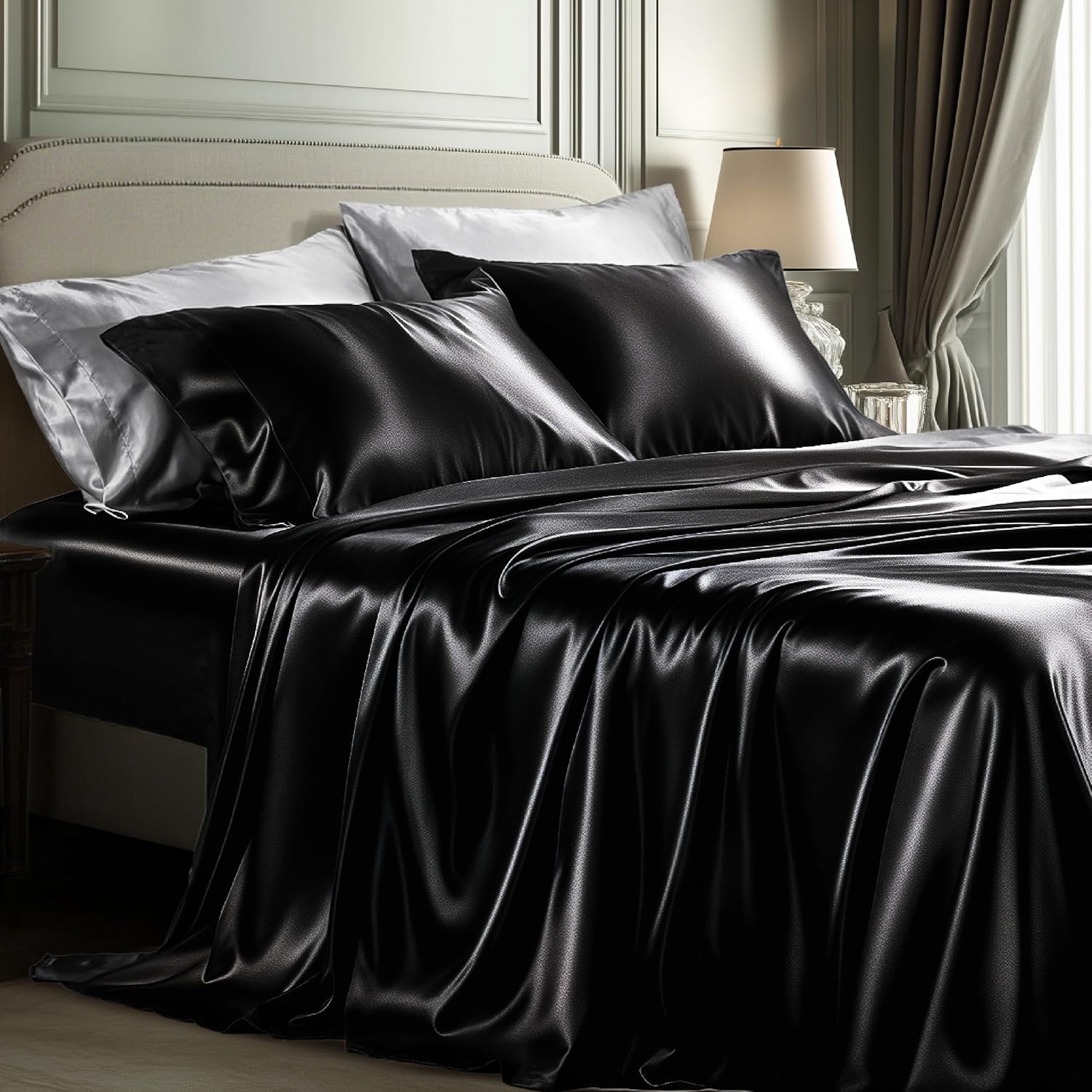 Luxurious Black Satin Sheets Queen Size Bed Set for Comfort