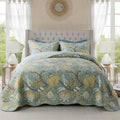 Cotton Bedspread Quilt Set Queen Size Green Floral Pattern