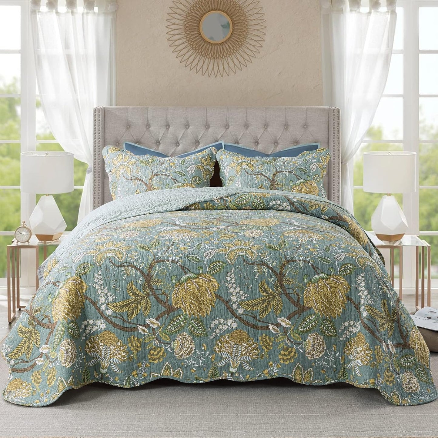 NEWLAKE Cotton Bedspread Quilt Sets with Green Floral Design