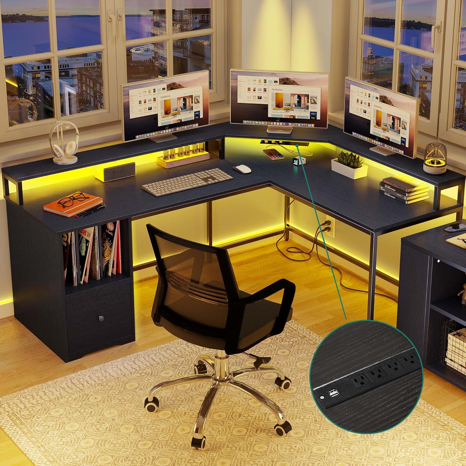 YITAHOME 67 L-Shaped Desk with Power Outlets & LED Lights - Efficient Home Office Solution