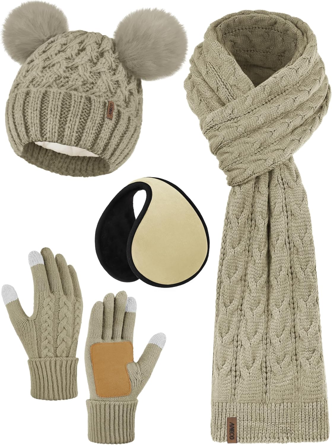 Aneco 4-in-1 Women's Winter Set, Fleece Lined & Touchscreen Gloves
