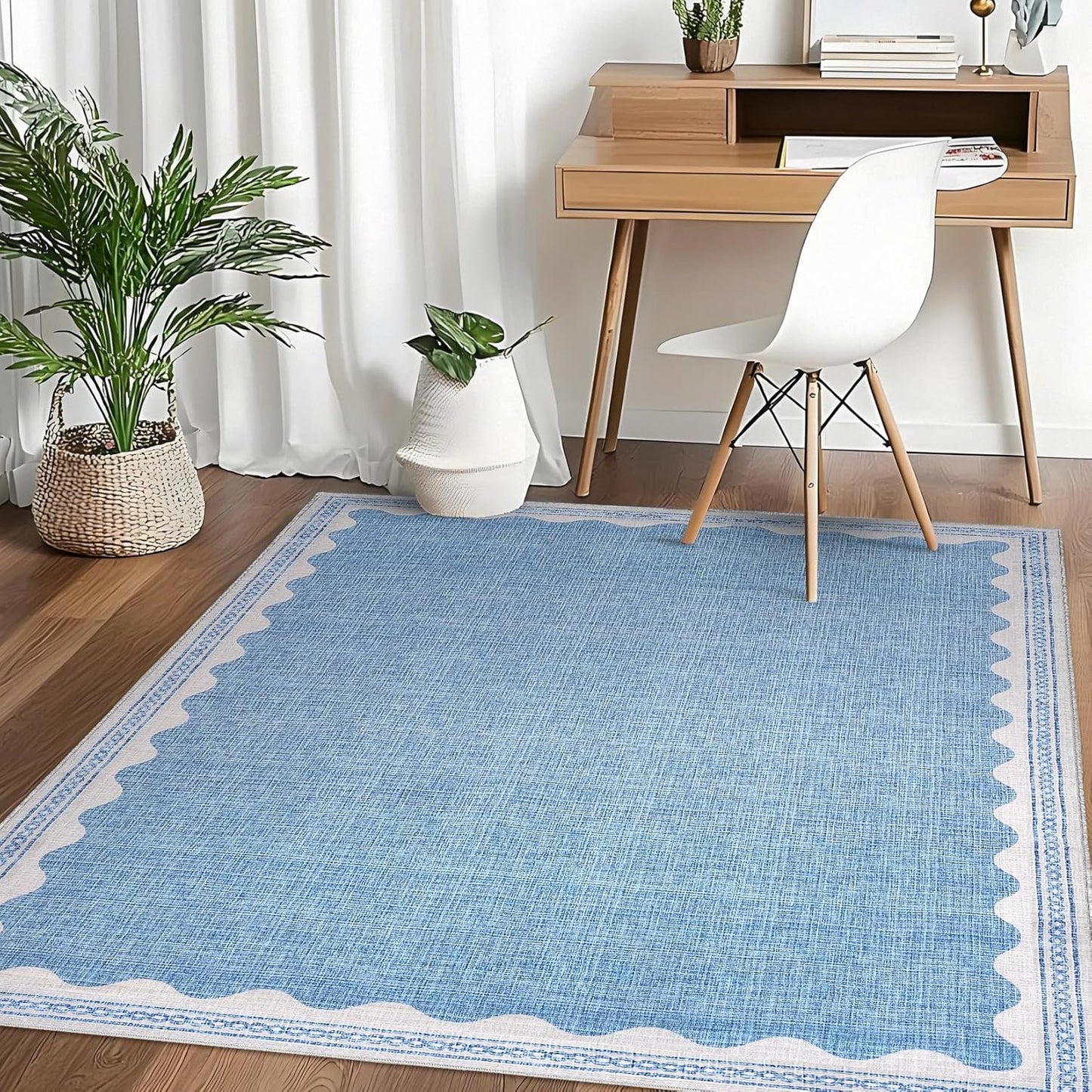 Scalloped Washable Rugs for Living Room, Soft Blue 6x9 Area Rug