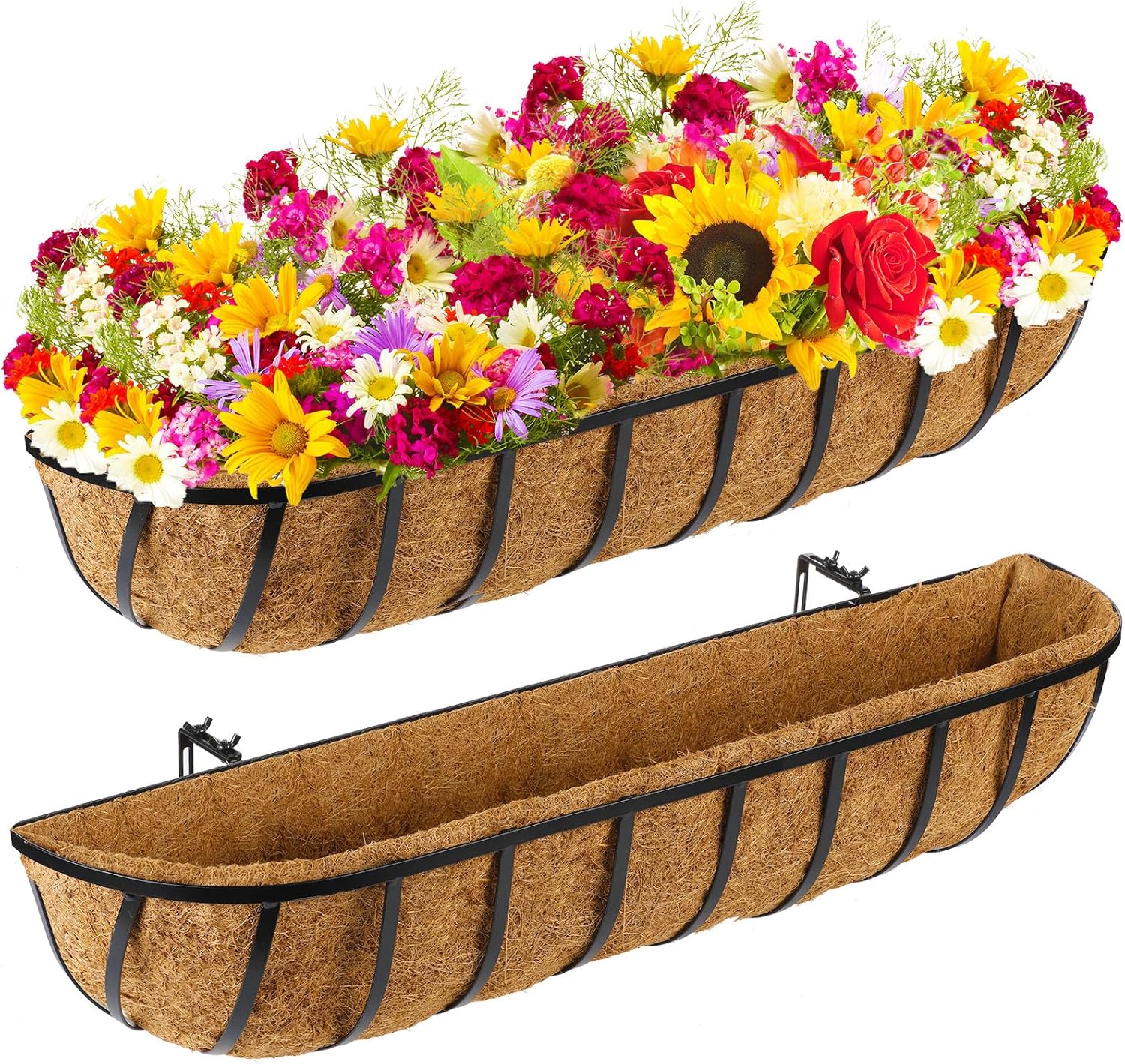 36in Metal Window Boxes with Coconut Liner for Indoor Outdoor Use