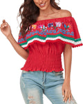 YZXDORWJ Women's Colorful Off-Shoulder Embroidered Blouse