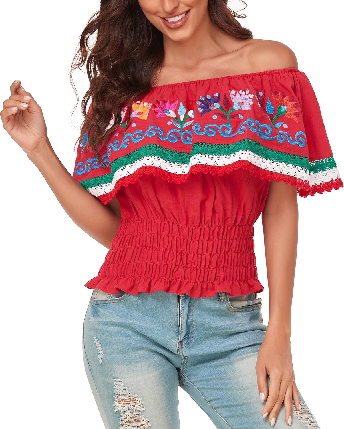 YZXDORWJ Women Mexican Embroidered Off-Shoulder Shirt Top