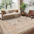 Provence 5x7 Area Rug - Botanical Pink Brown Scroll, Washable Low-Pile