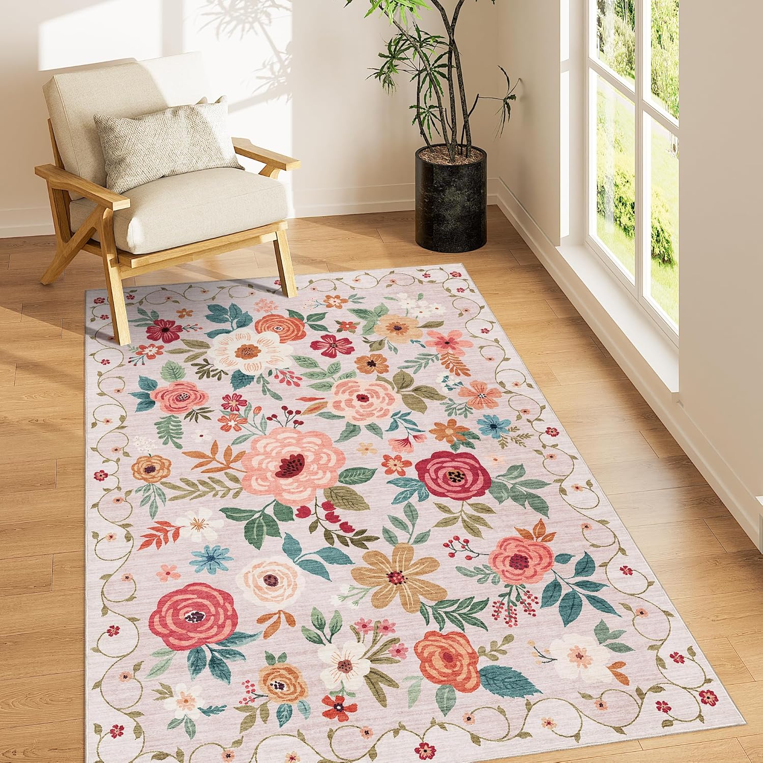 DUKINO 3x5 Area Rug - Lightweight Non Slip Washable Floral Design