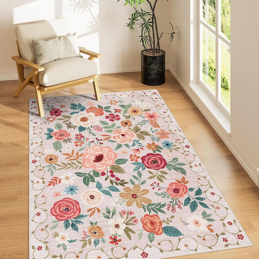 DUKINO 3x5 Area Rug - Lightweight Non Slip Washable Floral Design