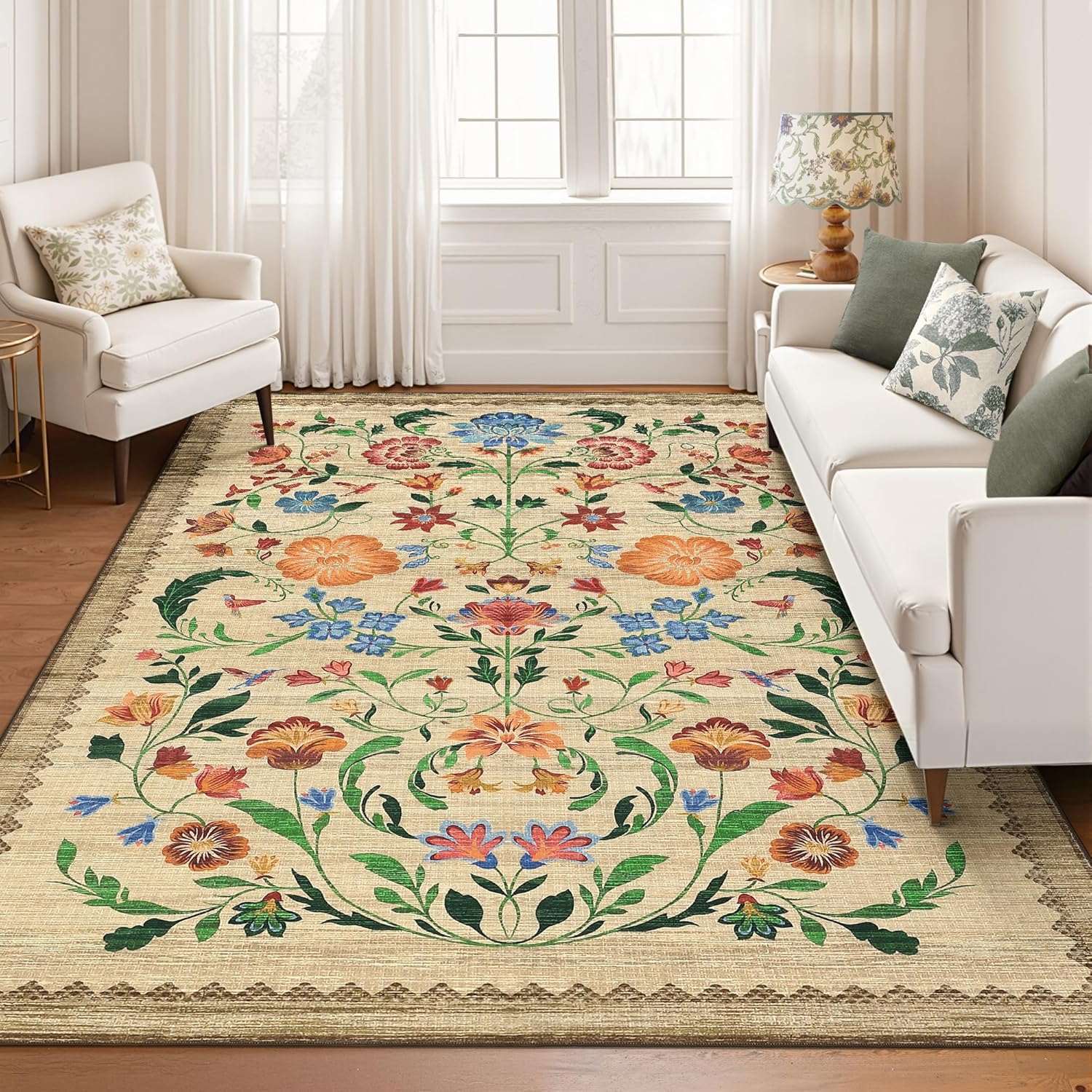 Washable 9x12 Area Rug for Living Room - Floral Vintage Design