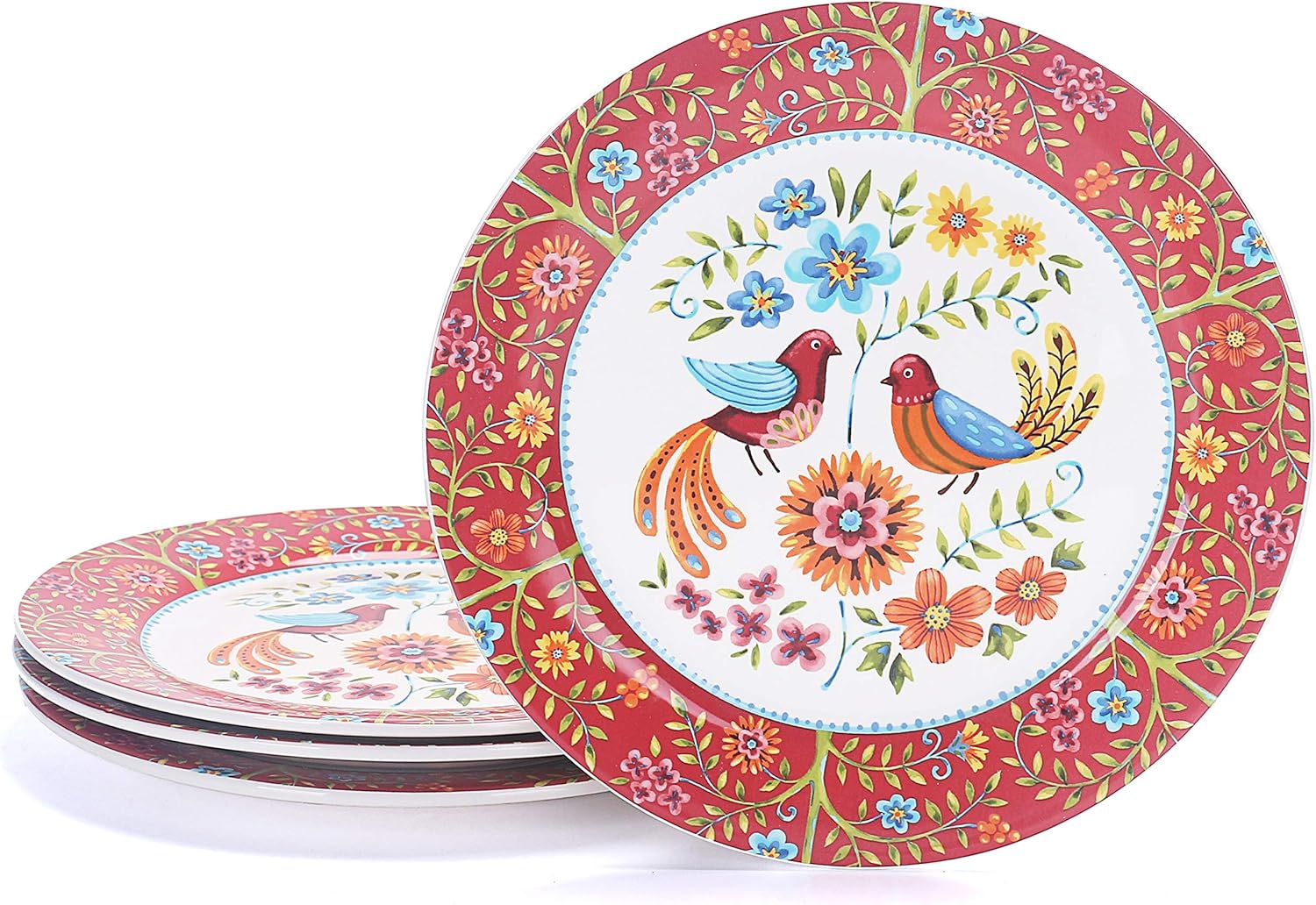 Bico Red Spring Bird Dinner Plates Set of 4, 11 Inch Ceramic