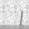 White and Black Sketched Peony Peel and Stick Wallpaper - Removable 48