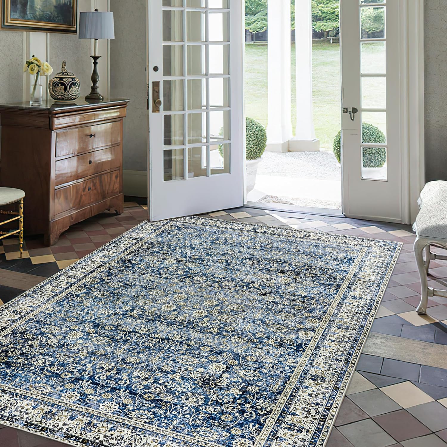 Distressed Carpet Multi Rug Blue Vintage Design for Any Space