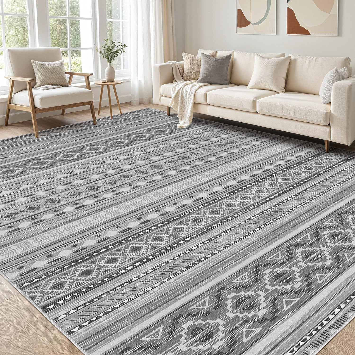 Large Living Room Area Rug 9x12: Soft Boho Moroccan Design
