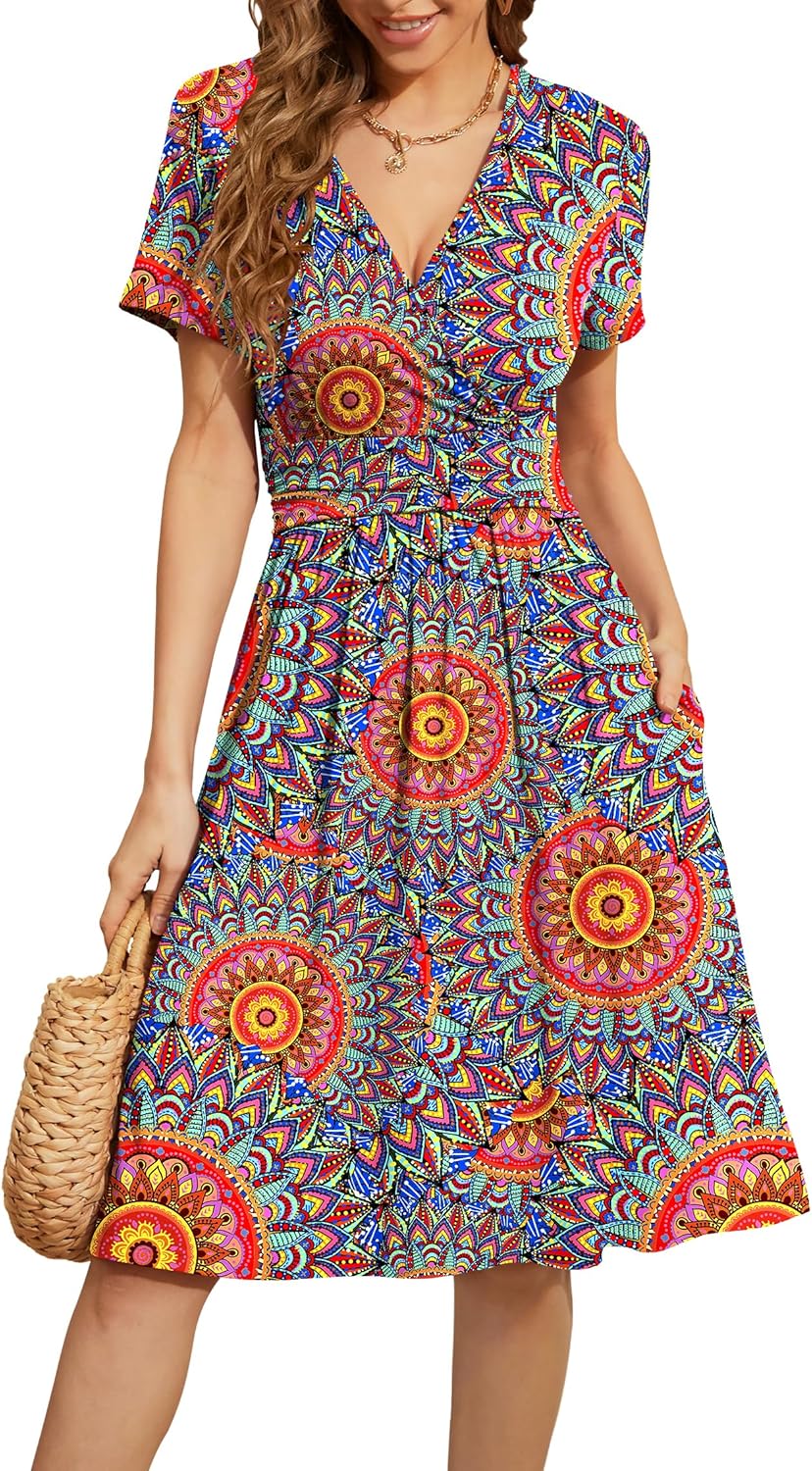 WEACZZY Women's Summer Short Sleeve Casual Floral Dress with Pockets