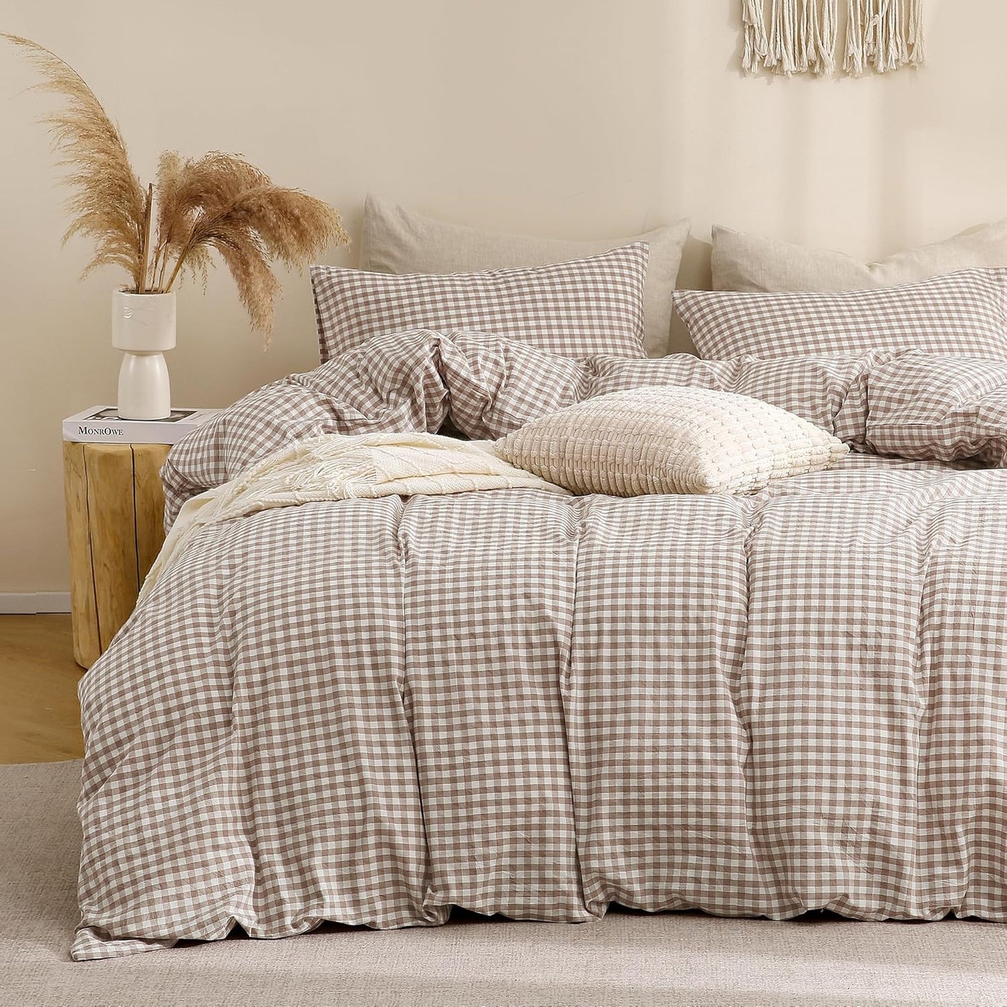 TOCOMOA Tan Gingham Duvet Cover Set for Cozy Fall Decor