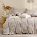 Tan Gingham Duvet Cover Set 100% Washed Cotton - Oversized Queen