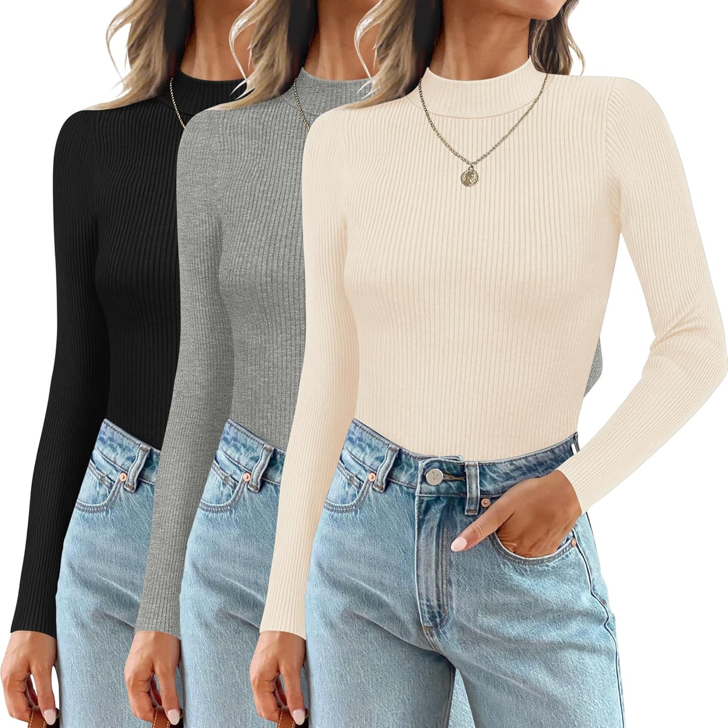 Ekouaer 3 Pack Mock Turtlenecks for Women Long Sleeve Tops