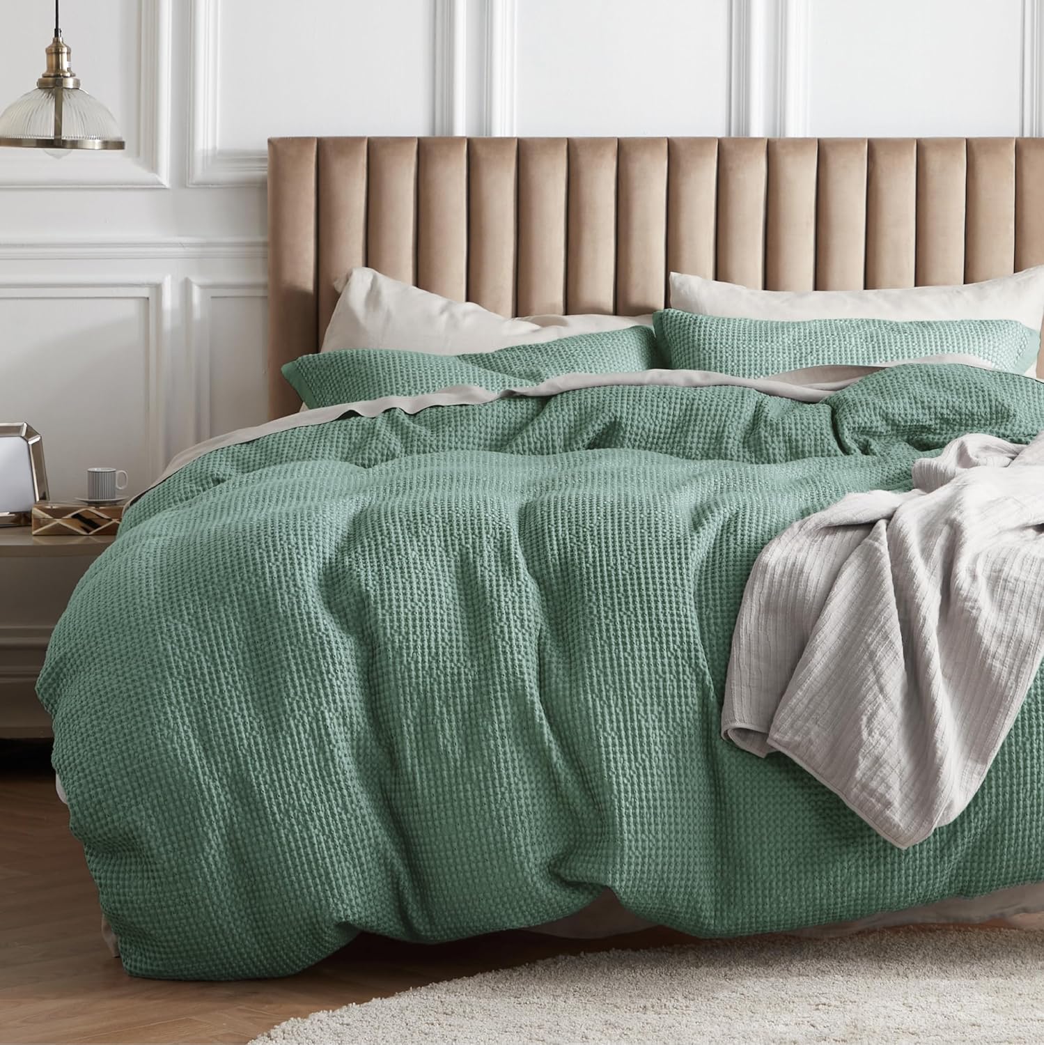 Bedsure Cotton Duvet Cover King - Soft Waffle Weave Green Bedding