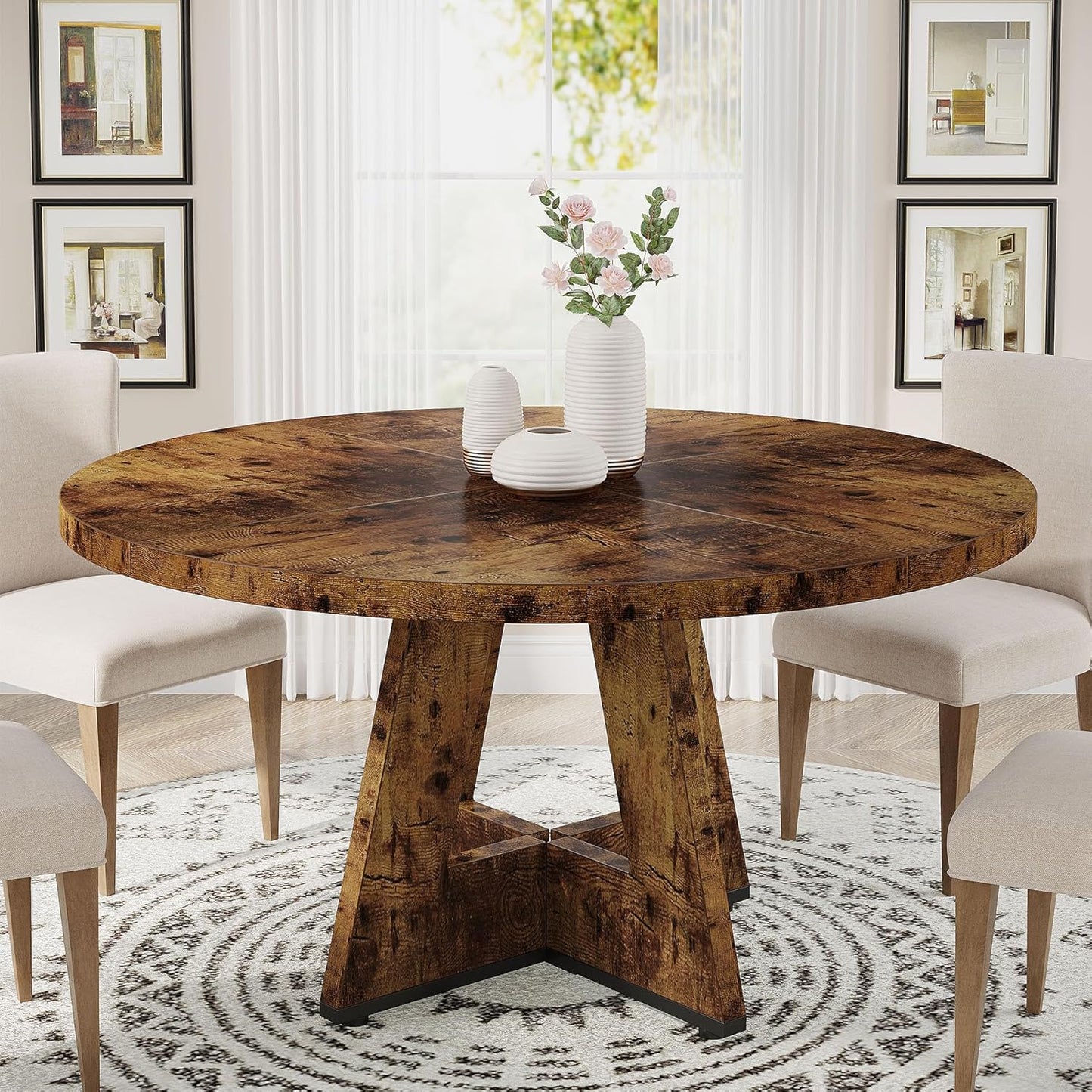 Tribesigns Round Dining Table for 4 Adults - Vintage Farmhouse Style