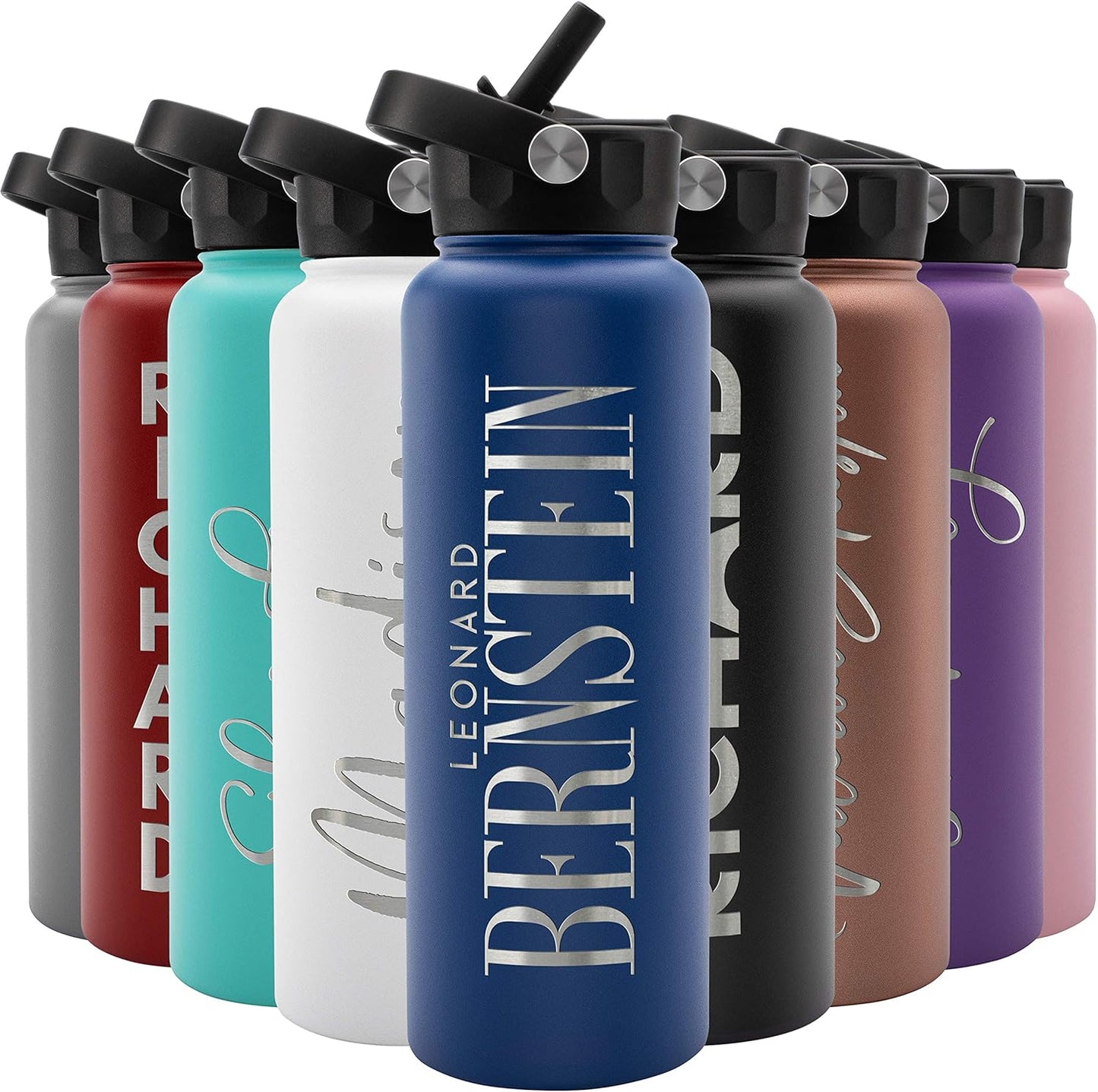 Personalized Water Bottle with Straw & Lid - 40 oz Navy Blue