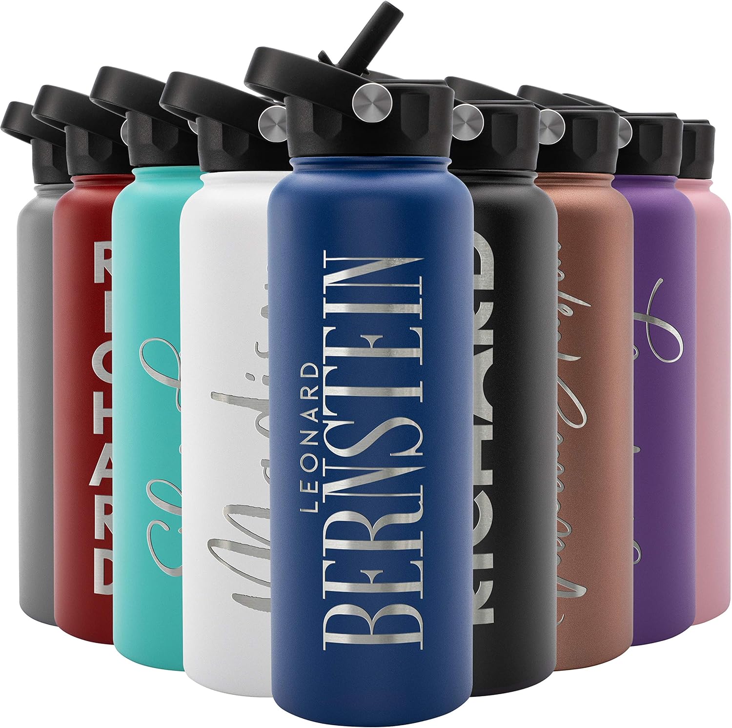 Personalized Water Bottle with Straw & Lid - 40 oz Navy Blue