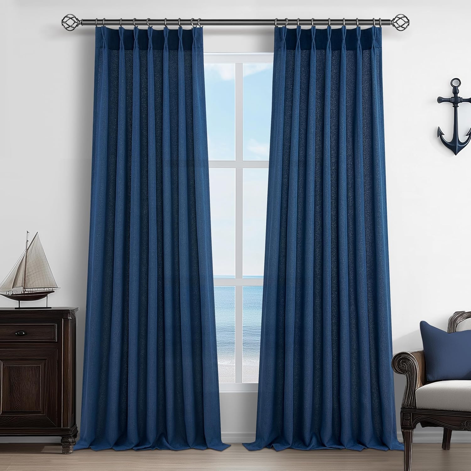 Thick Linen Navy Blue Sheer Curtains 96 Inch Long for Bedroom
