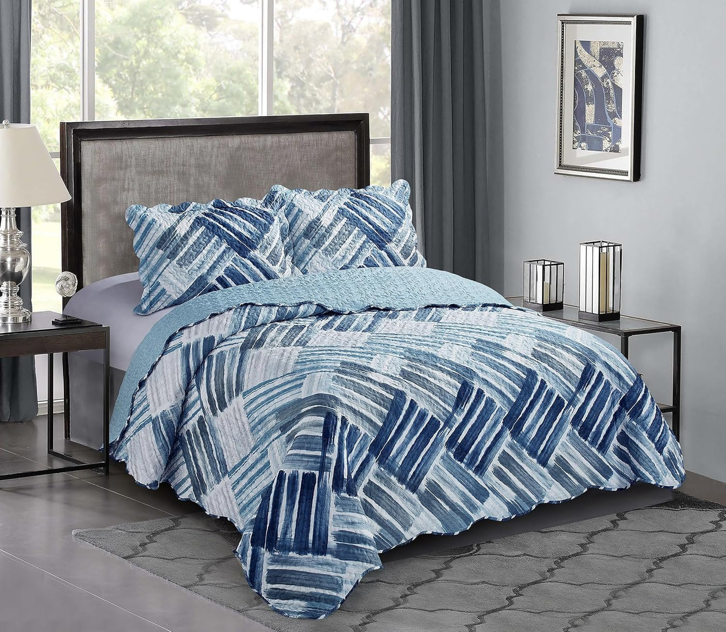 Brilliant Sunshine Blue Grey Stripe Blocks Quilt Set for All Seasons