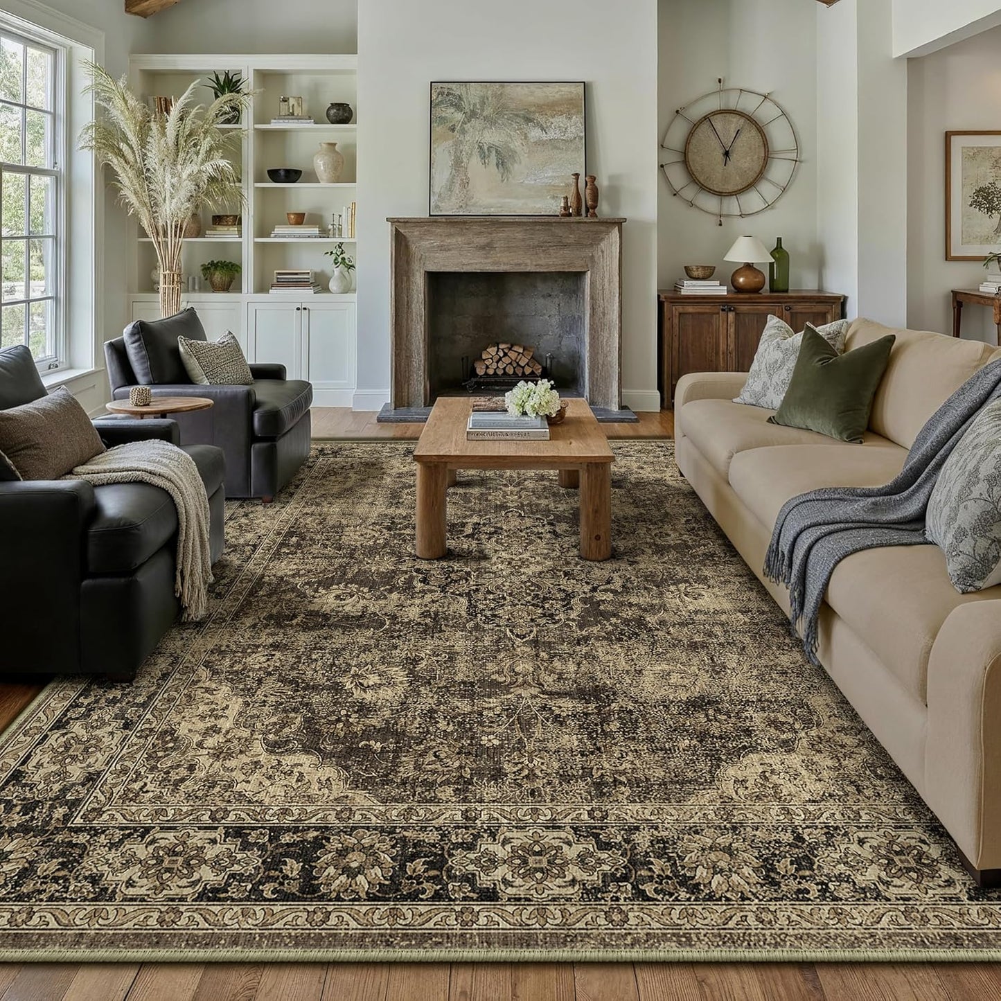 Retro Brown Area Rug 9x12 Machine Washable for Living Rooms