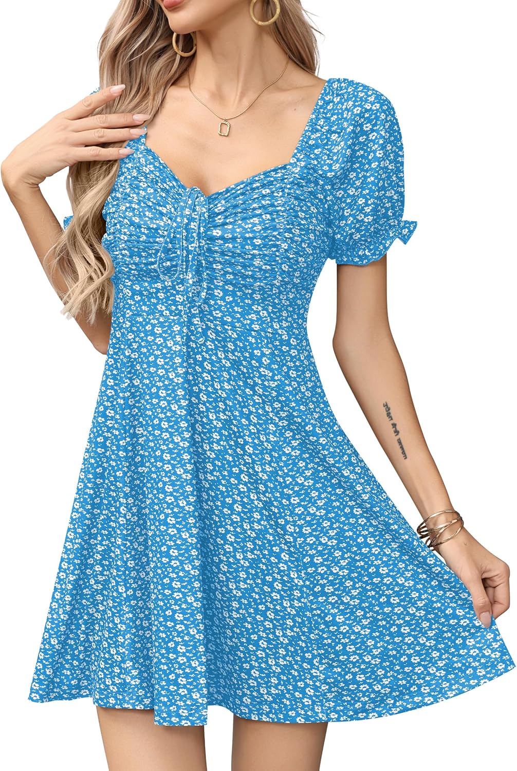 Missufe Women's Puff Short Sleeve Floral Mini Sun Dress 2025