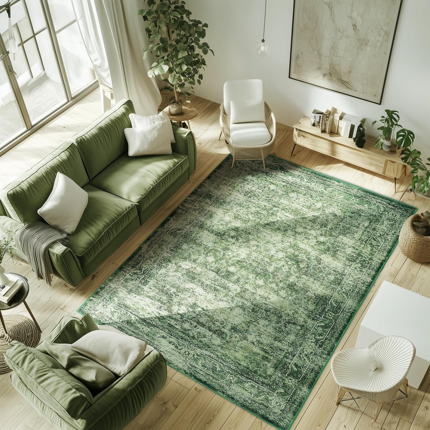 5x7 ft Area Rug Green Boho Indoor Rug for Living Spaces