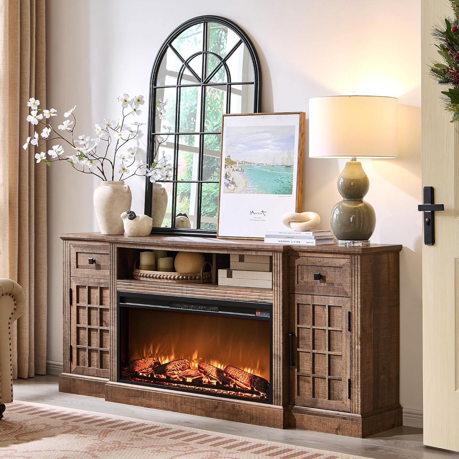 Rustic Brown TV Stand w/ Fireplace, Up-to-80, ~ 35 characters