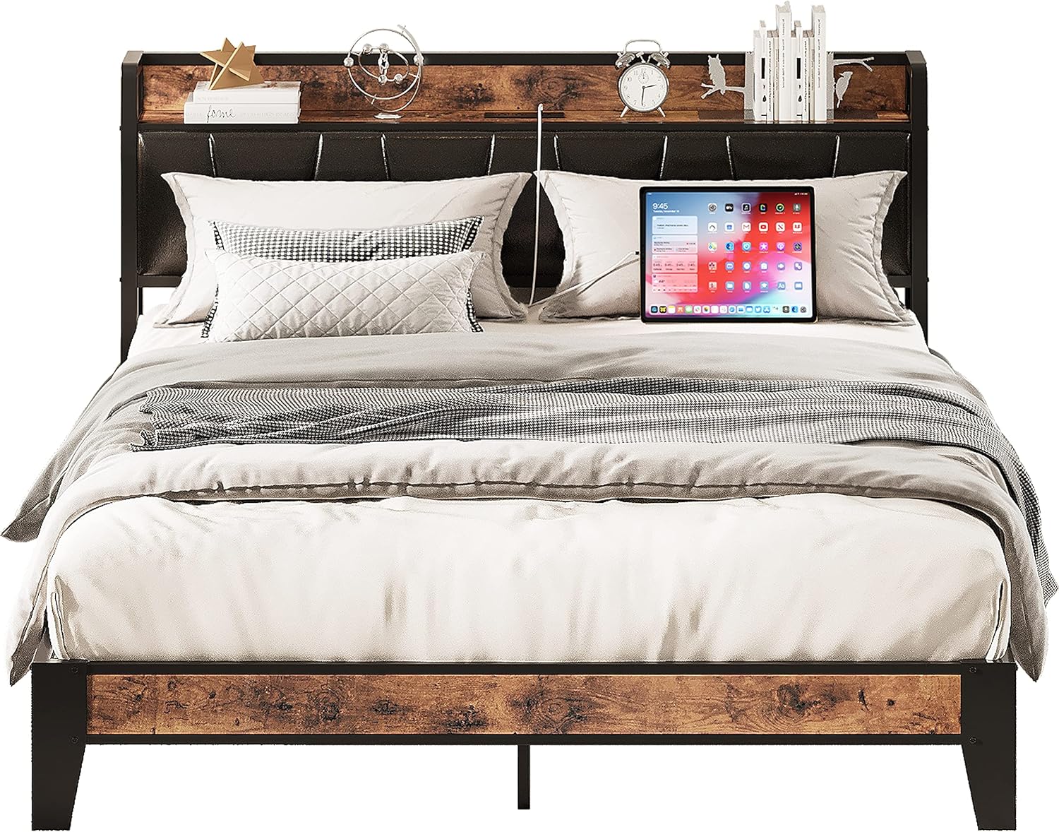 LIKIMIO Full Size Bed Frame with Storage Headboard and Charging
