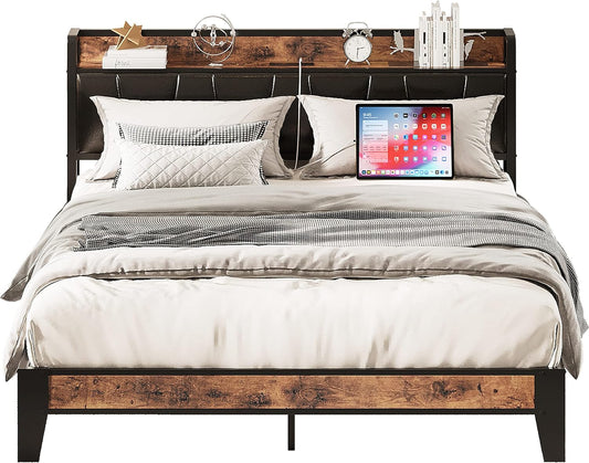 LIKIMIO Full Size Bed Frame with Storage Headboard and Charging