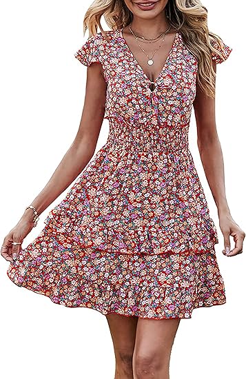 PRETTYGARDEN Women's Boho V Neck Floral Print Mini Dress