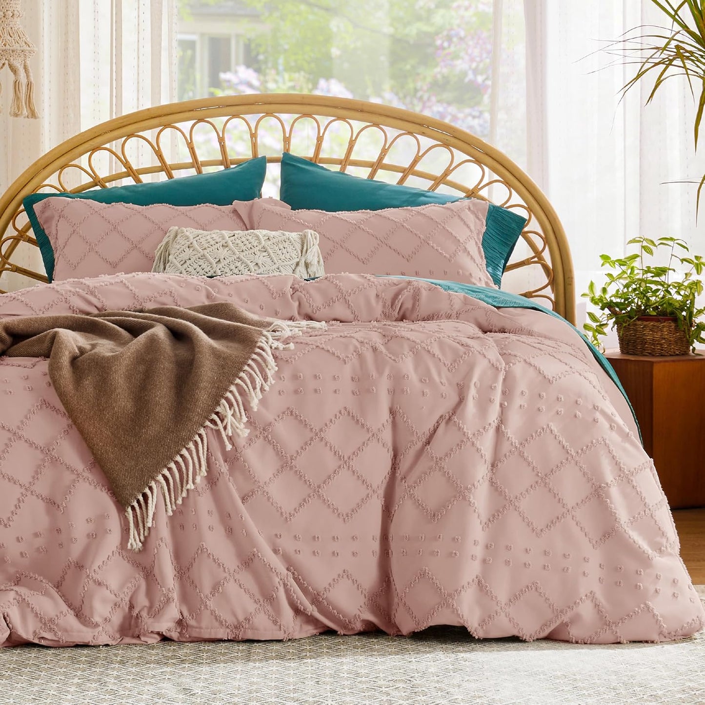 Boho Duvet Cover Queen Size - Soft Pink Bedding for All Seasons