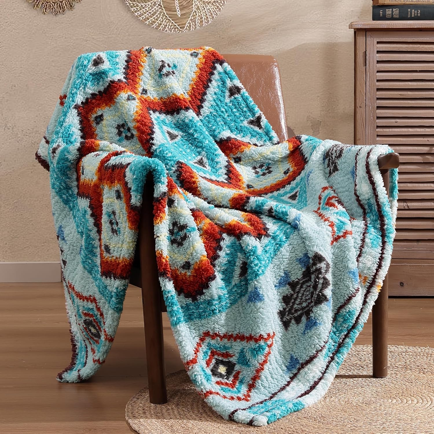 CASAAGUSTO Boho Sherpa Blanket - Ultra Soft Teal Aztec Throw