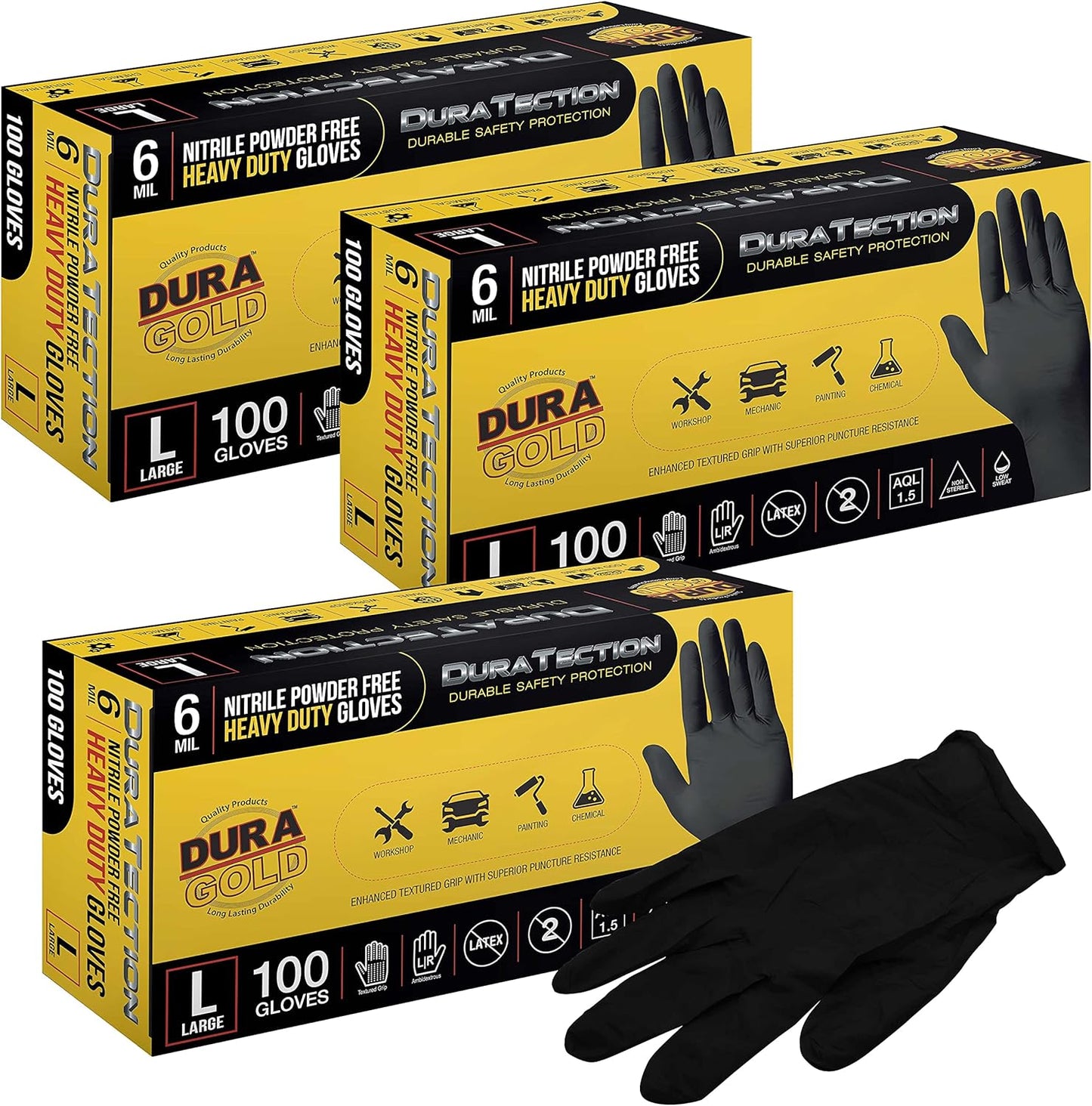 Dura-Gold Heavy Duty Black Nitrile Disposable Gloves, 6 Mil