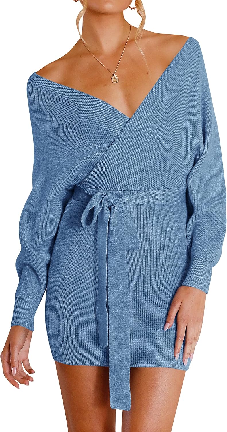 ZESICA Women's Fall Long Batwing Sleeve Wrap V Neck Dress