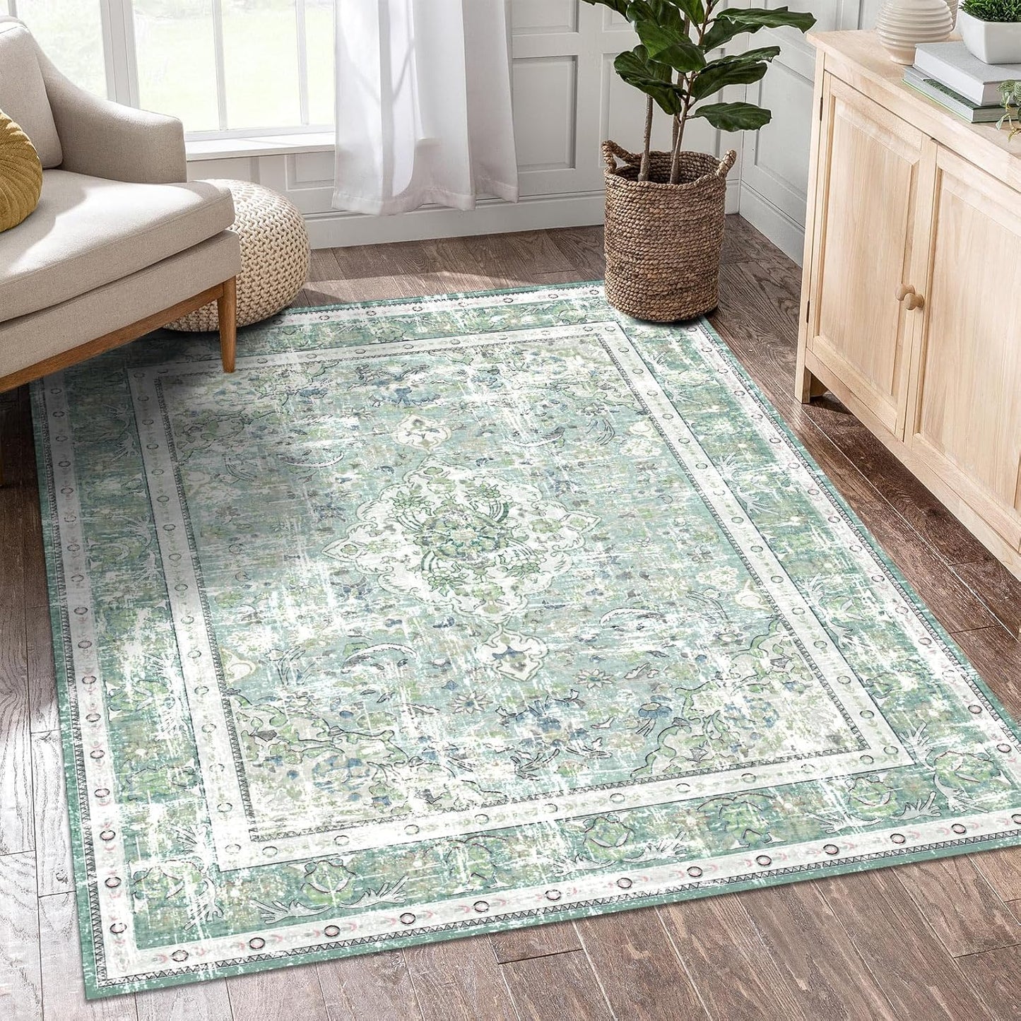 Vhong Boho Area Rugs Washable Vintage Modern Sage Green Carpet