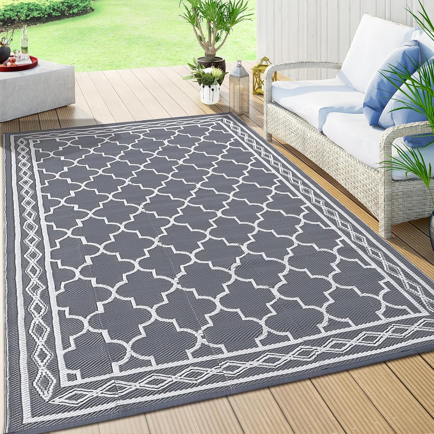 GAOMON Reversible Outdoor Rug 9ftx18ft Waterproof Plastic Straw
