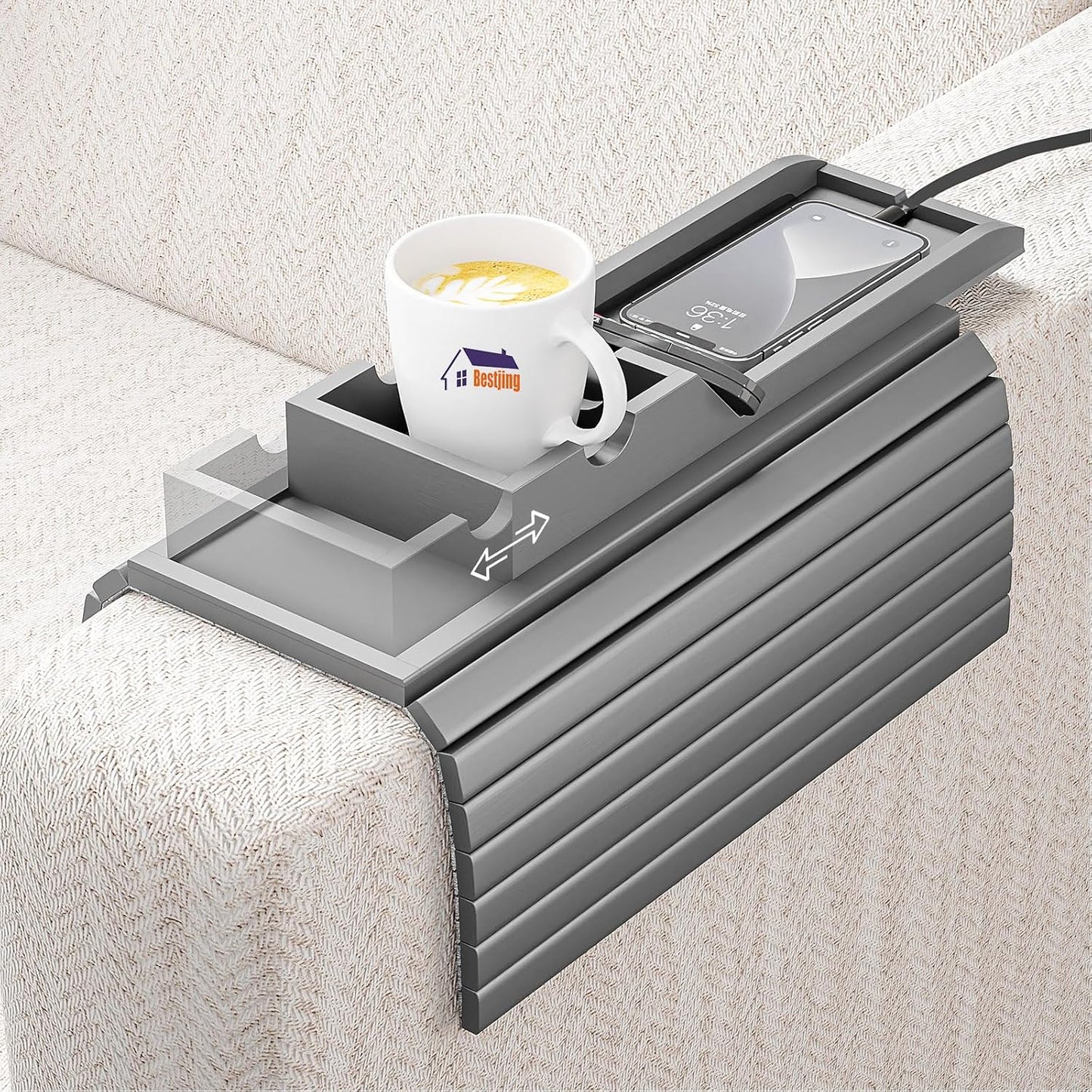 Bamboo Couch Armrest Table with Detachable Cup Holder for Drinks