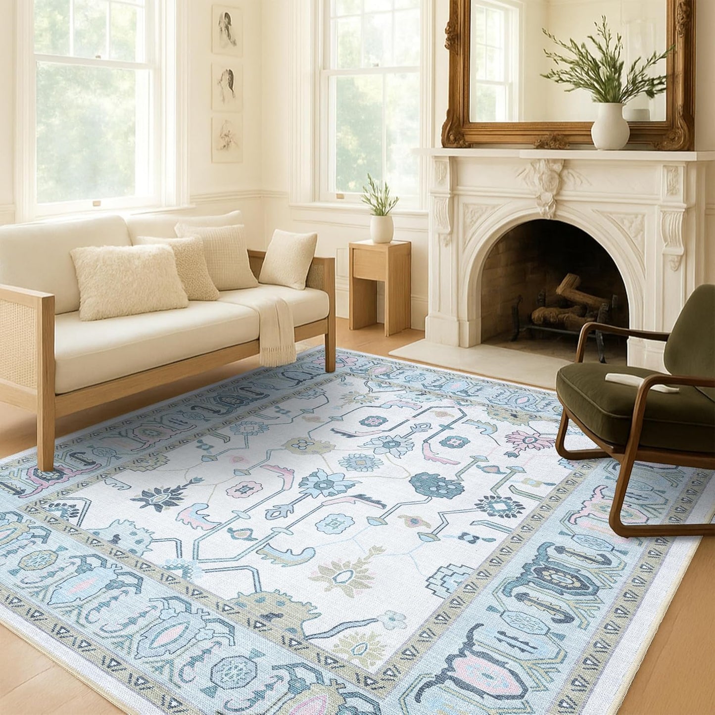 Cream Green Oushak Rug for Living Room, Dining, and Bedroom