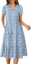 Women's Summer V Neck Midi Dress Loose Fit - Tiered Boho Style