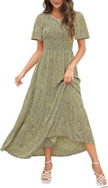 Womens Smocked Floral Maxi Dress - Flowy Short Sleeve Wedding Guest