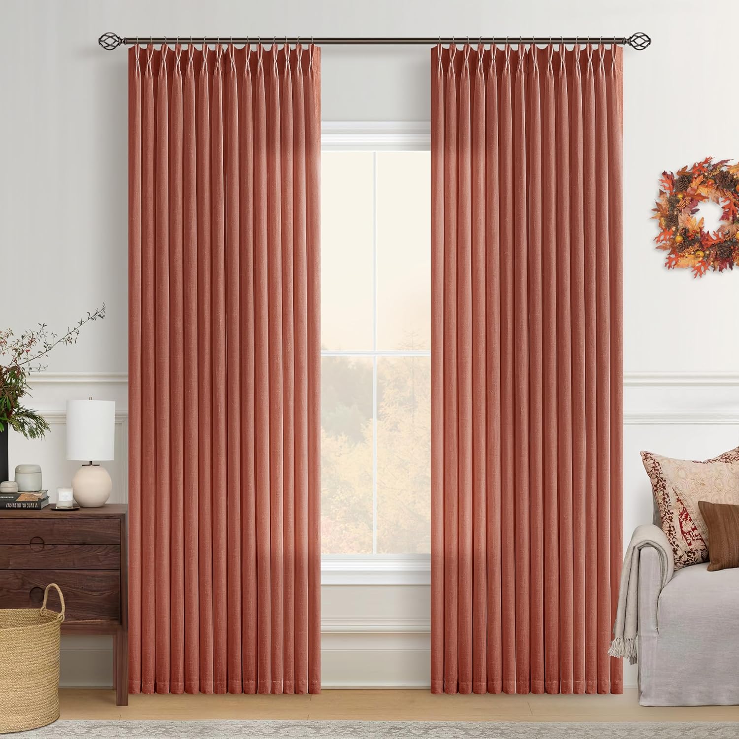 Terracotta Linen Curtains Pinch Pleated 84 Inches Long for Home
