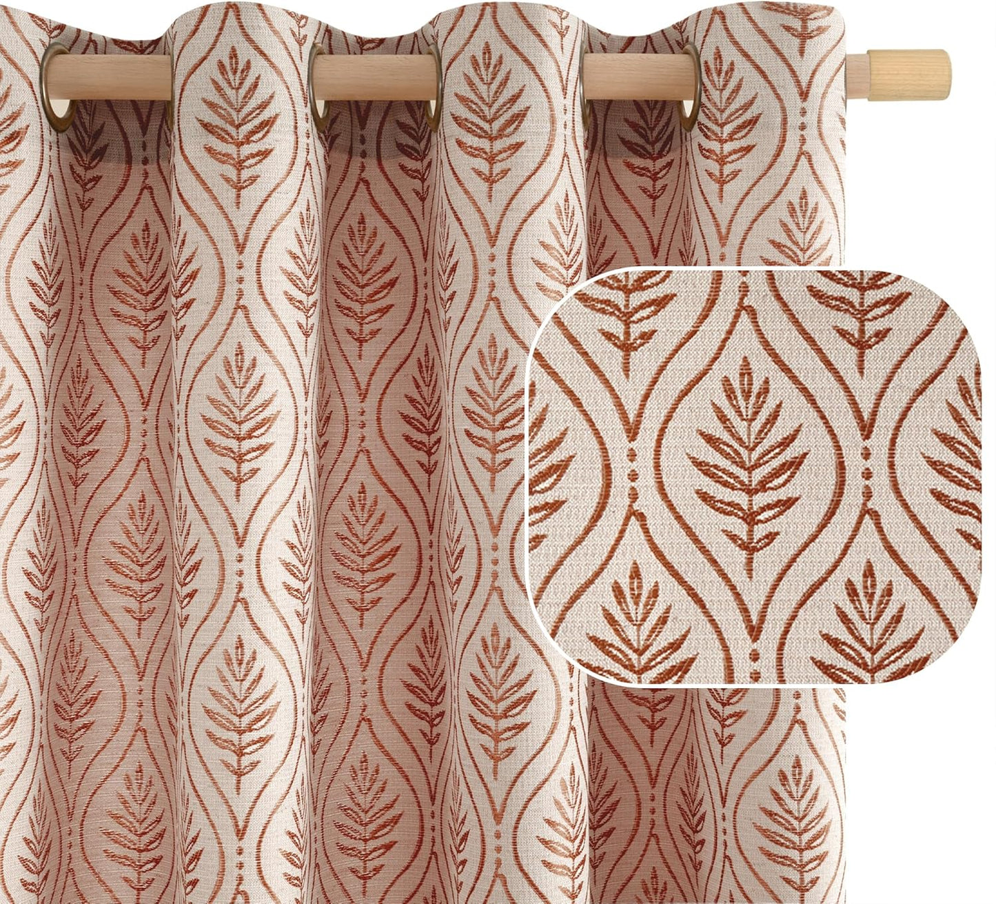 Terracotta French Country Curtains for Bedroom - Leaf Jacquard