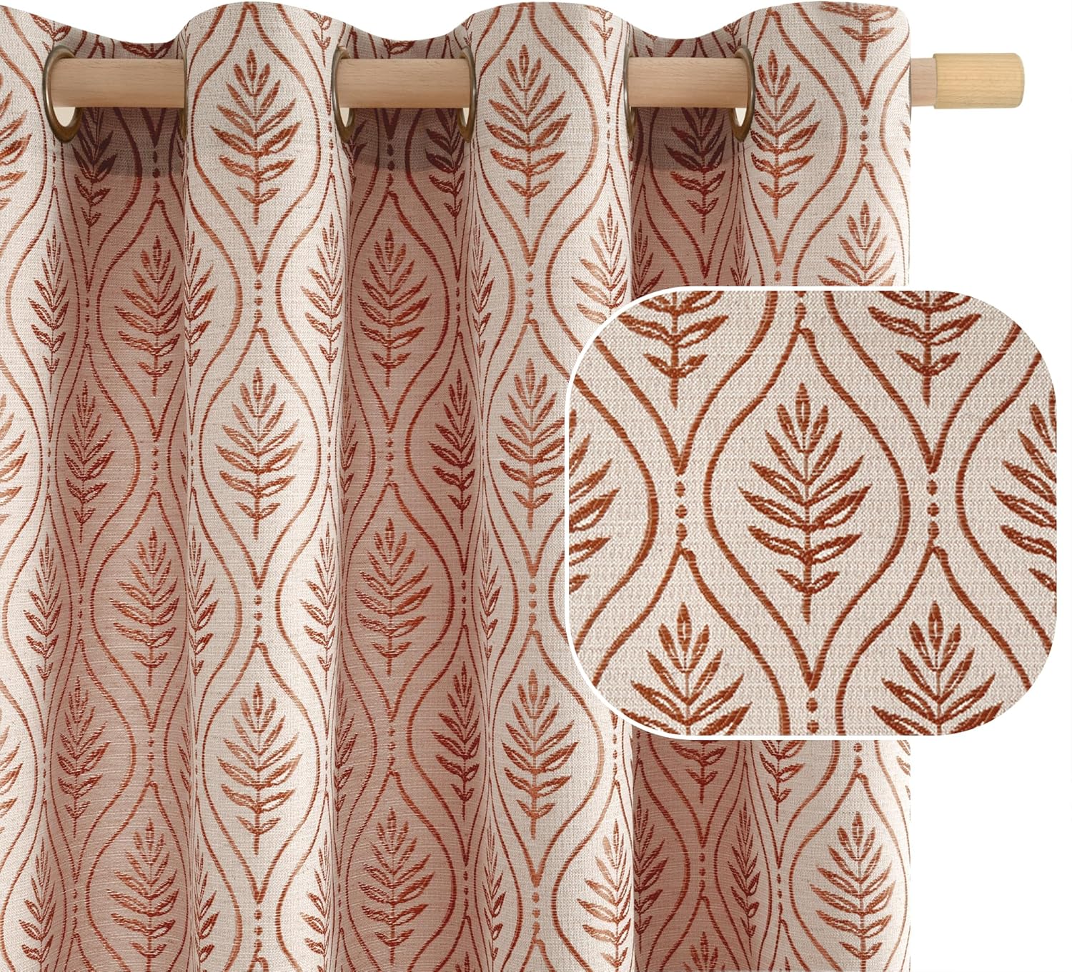 Terracotta French Country Curtains for Bedroom - Leaf Jacquard