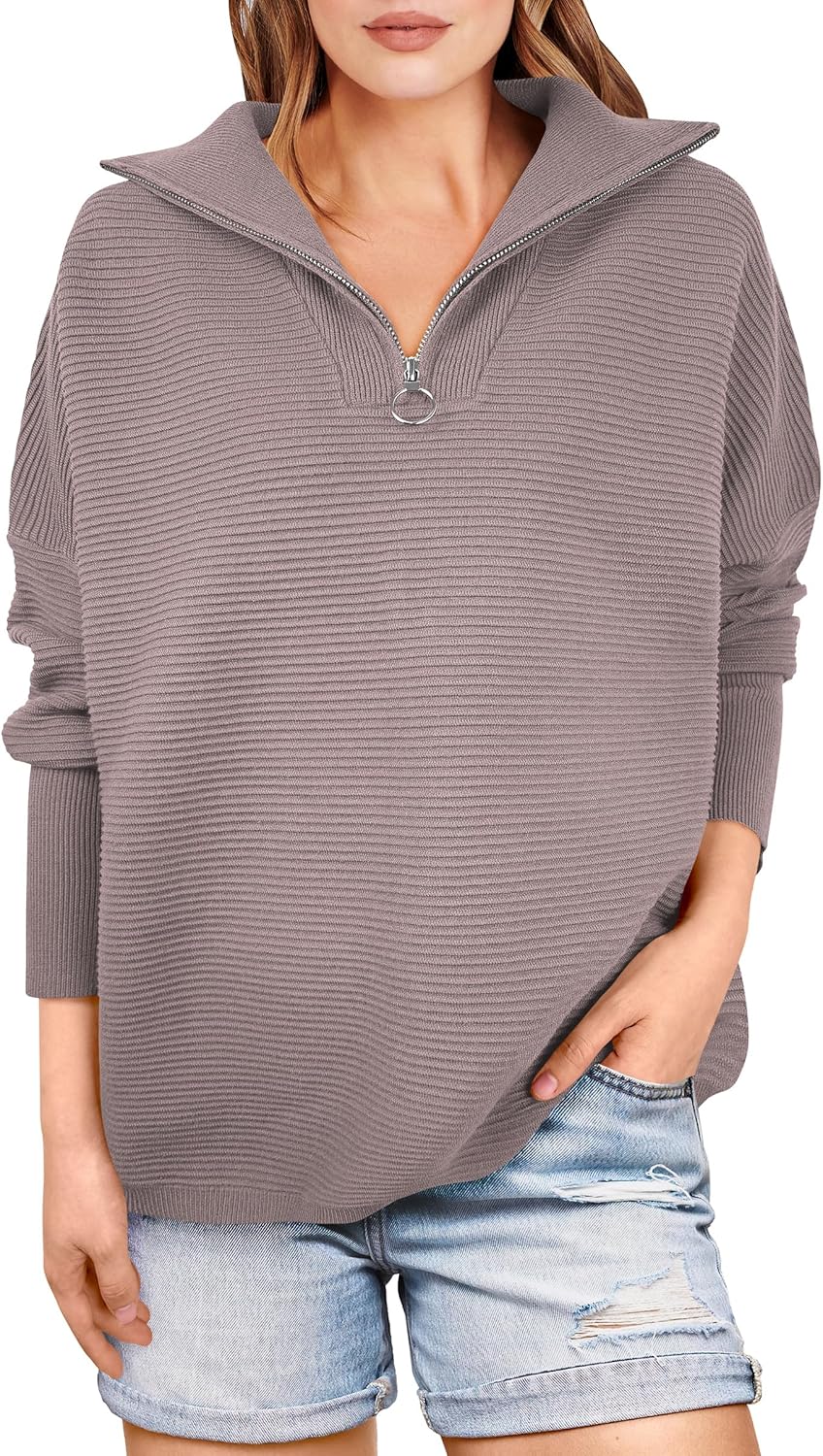 ANRABESS Women Quarter Zip Oversized Cozy Pullover Sweater
