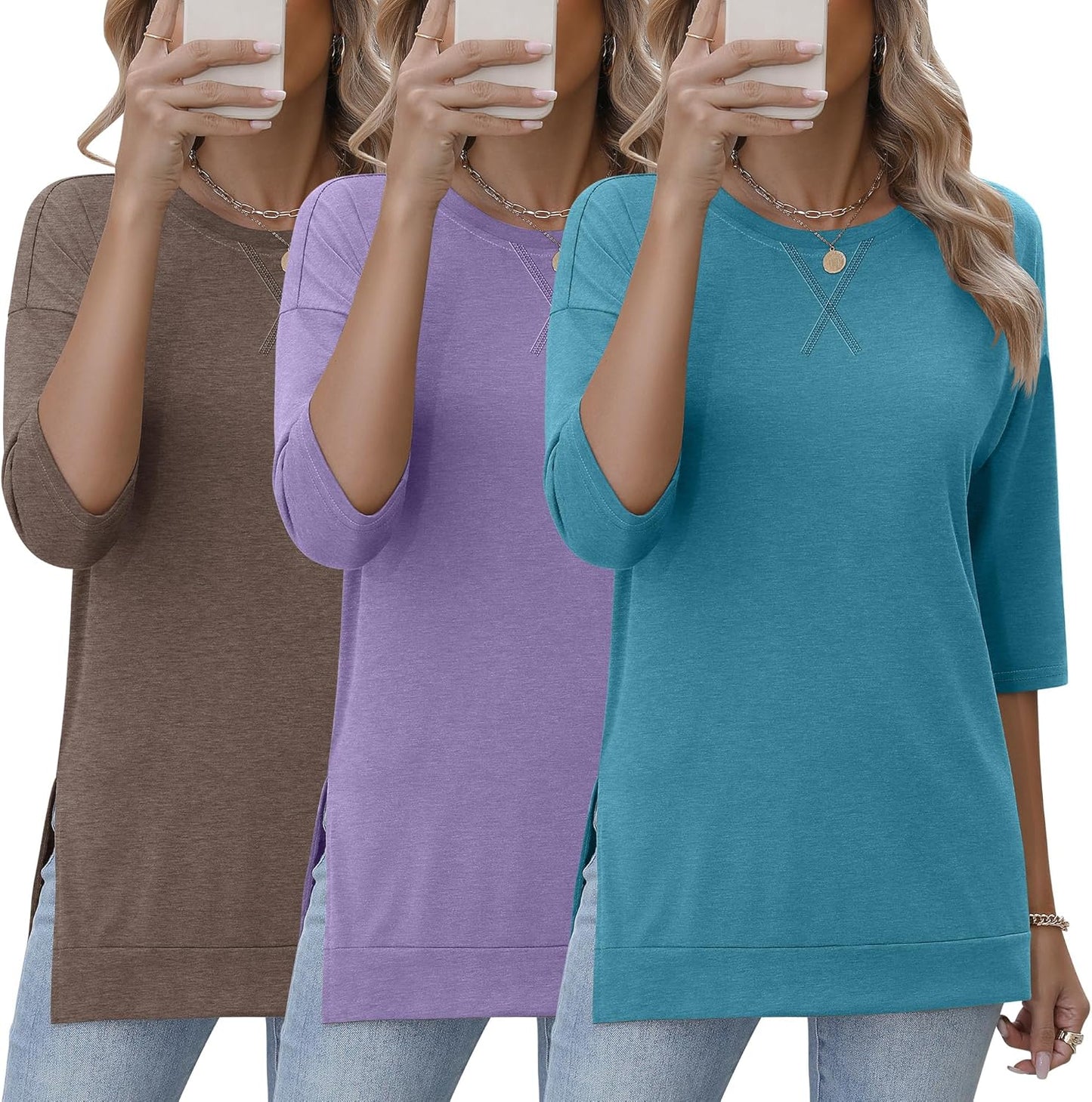 Huukeay 3 Pack 3/4 Length Sleeve Women's Tops for Casual Wear
